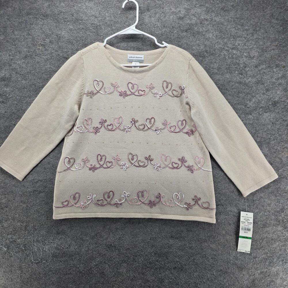 Alfred Dunner Sweater Pullover Womens PL Beige Embroidered Studded Crew Neck 3/4